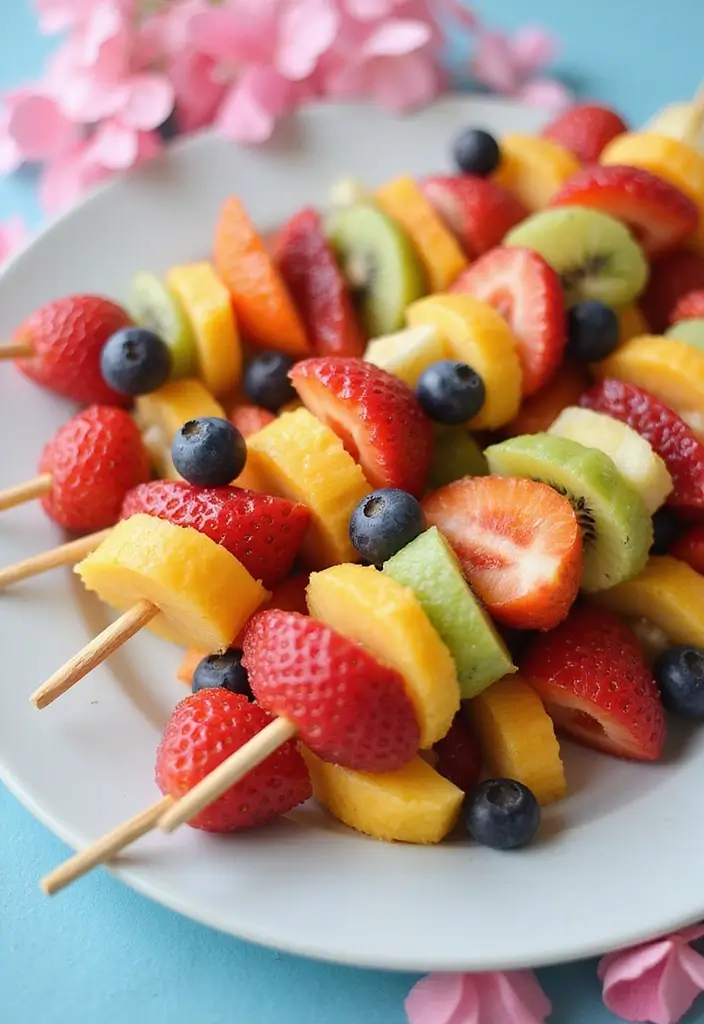 13 Themed Baby Shower Food Ideas That Tie Your Decor Together (Pastel Perfection!) - 1. Pastel Rainbow Fruit Skewers