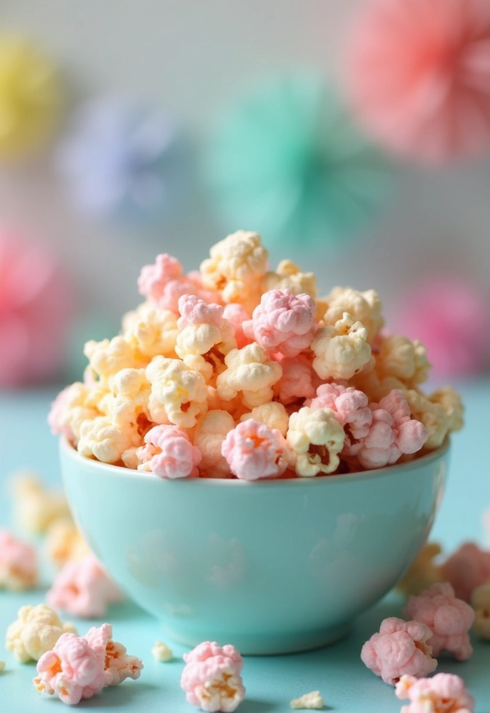 13 Themed Baby Shower Food Ideas That Tie Your Decor Together (Pastel Perfection!) - 10. Sweet and Savory Pastel Popcorn