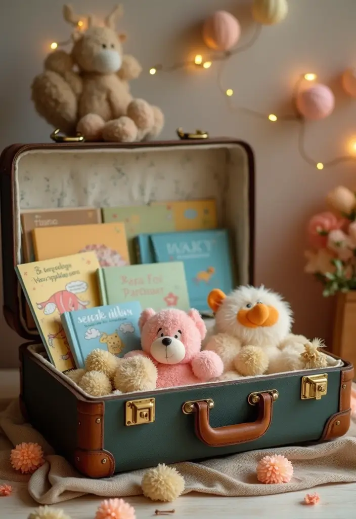 14 Thrifted Baby Shower Decor Ideas That Spark Joy and Save Cash (You Have to See #5!) - 1. Vintage Suitcase Centerpiece