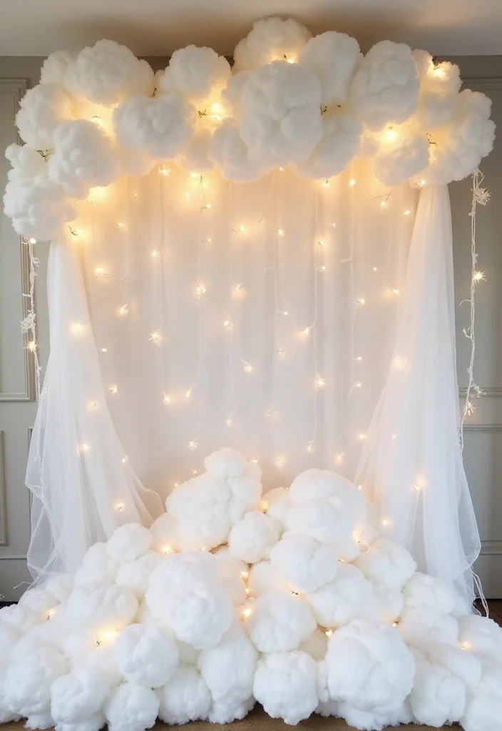 14 Stunning Winter Decor Ideas for Your Soft & Snowy Baby Shower (You’ll Want to Copy #6!) - 4. Fluffy Cloud Backdrop