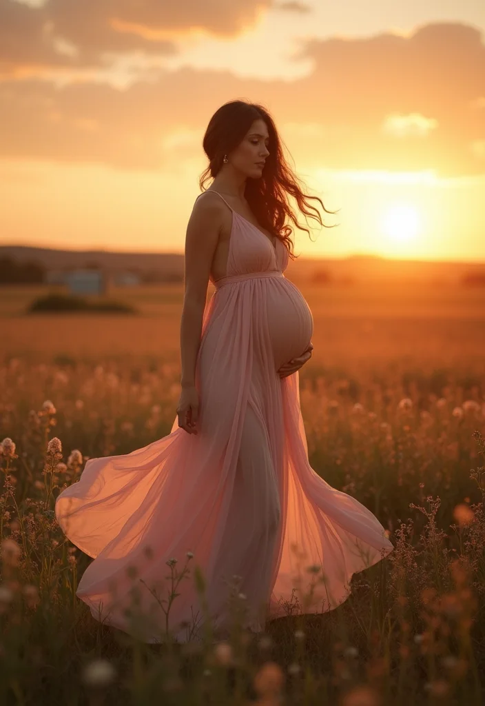 18 Gorgeous Backlit Maternity Photos That Showcase Flowing Dresses in Stunning Ways! - 1. The Floaty Maxi Dress