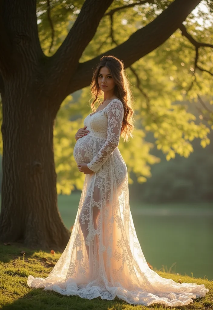 18 Gorgeous Backlit Maternity Photos That Showcase Flowing Dresses in Stunning Ways! - 2. Ethereal Lace Gown