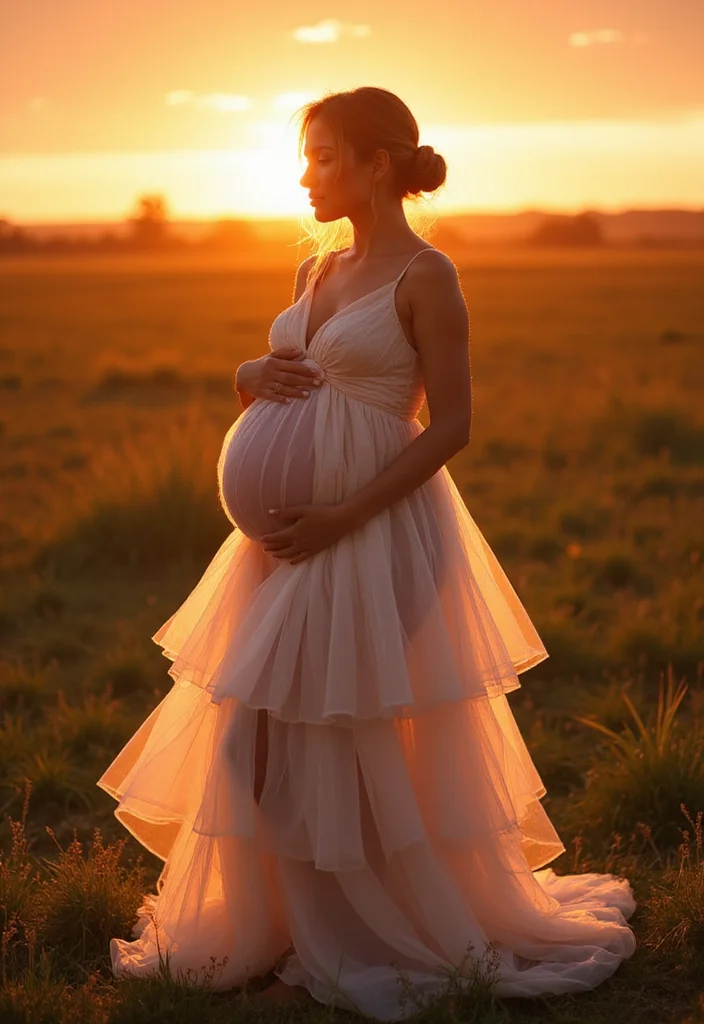 18 Gorgeous Backlit Maternity Photos That Showcase Flowing Dresses in Stunning Ways! - 8. Layers of Tulle