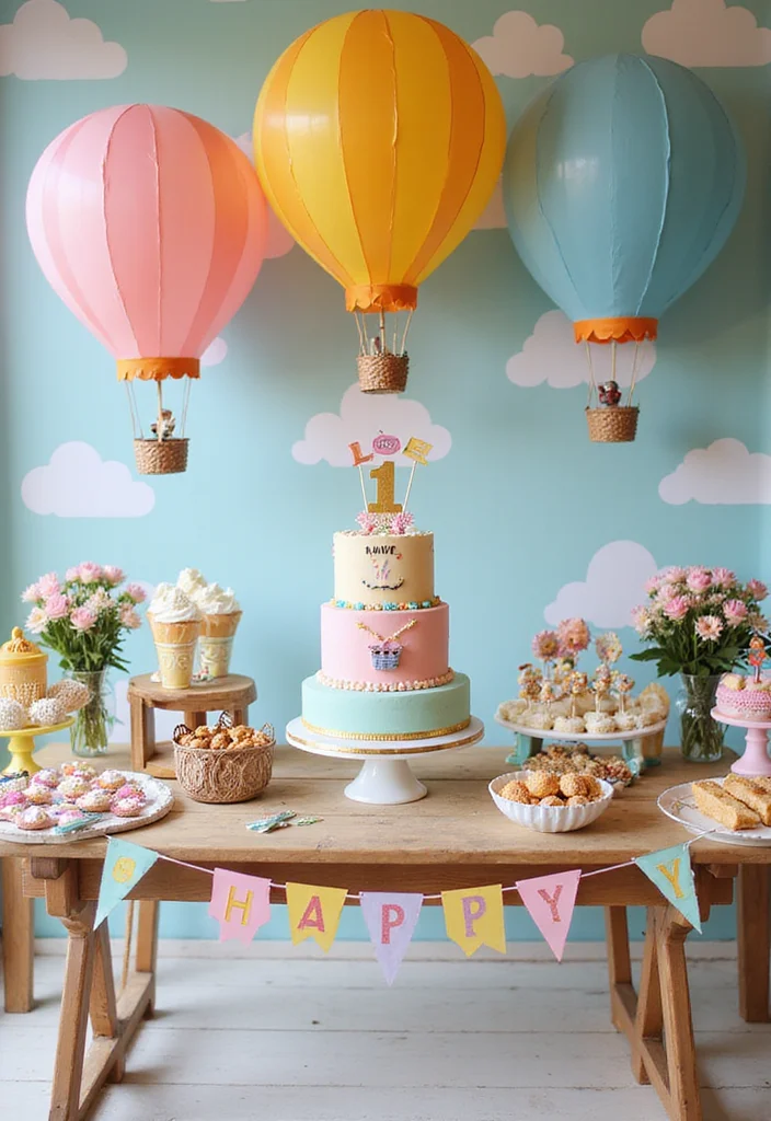 20 Whimsical Baby Birthday Inspirations with Clouds, Stars & Balloons (You’ll Love #3!) - 14. Hot Air Balloon Adventure