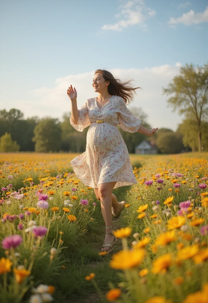 21 Dreamy Pregnancy Photoshoot Poses in Nature That Will Leave You Breathless! - 16. Playful in the Meadow