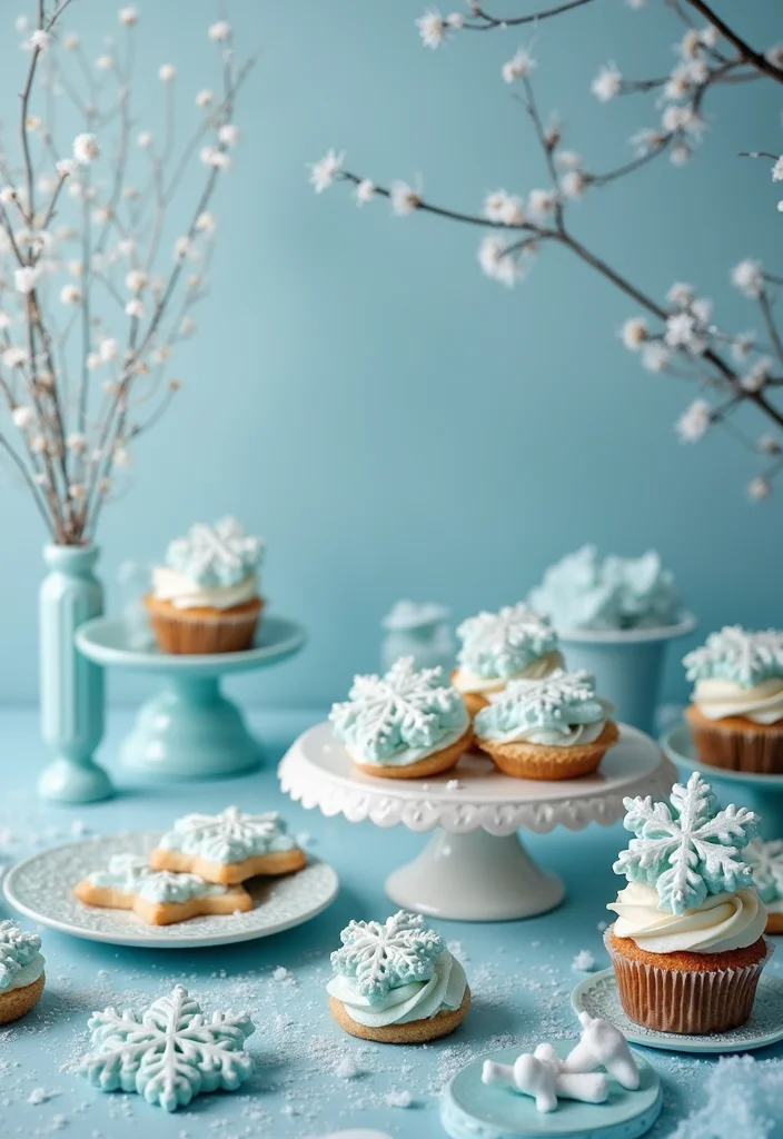 25 Enchanting Snowflake Princess Baby Shower Ideas That Will Melt Your Heart (Especially #14!) - 18. Frosty Themed Dessert Table