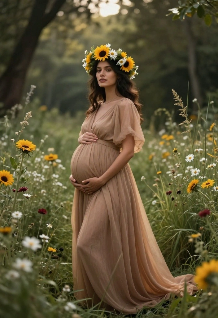 15 Glam Maternity Photoshoot Ideas That Will Make You Shine Like a Star! - 8. Nature Goddess 1