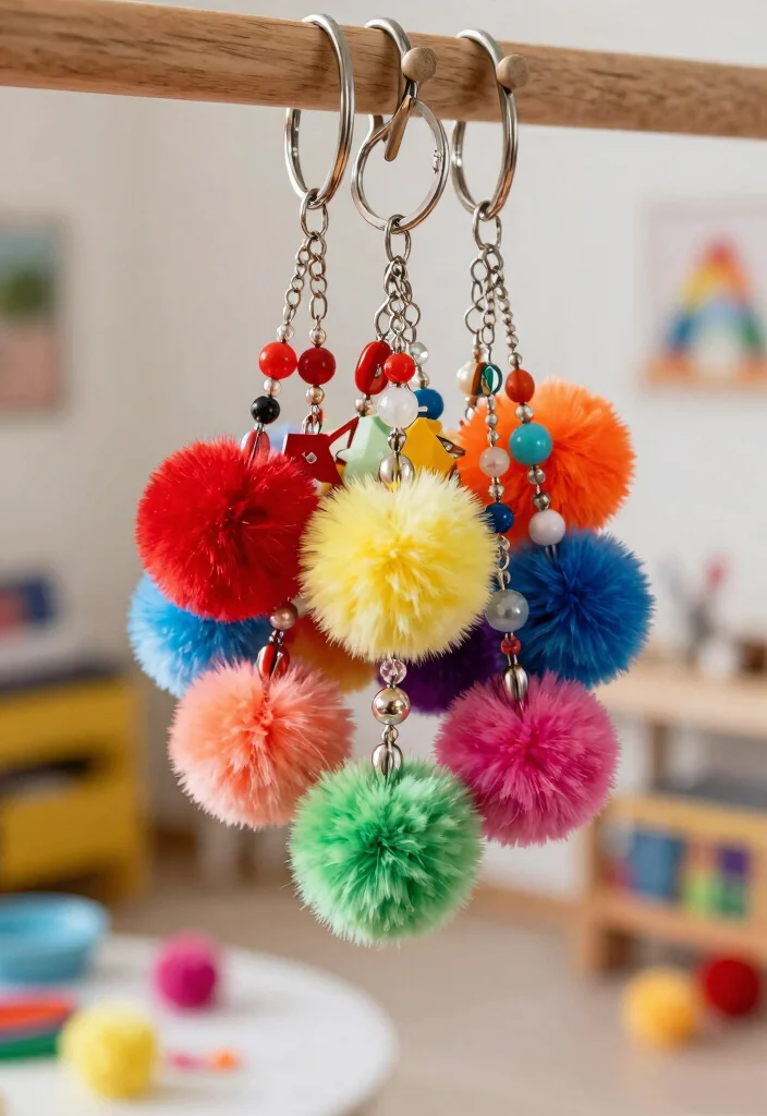 14 Handmade Pom Pom Gift Crafts for Kids That'll Melt Hearts! - 1. Pom Pom Keychains 1
