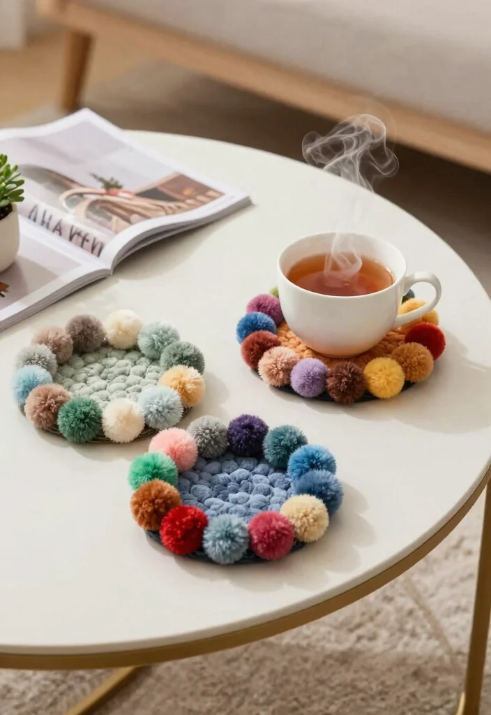 14 Handmade Pom Pom Gift Crafts for Kids That'll Melt Hearts! - 7. Pom Pom Coasters 1