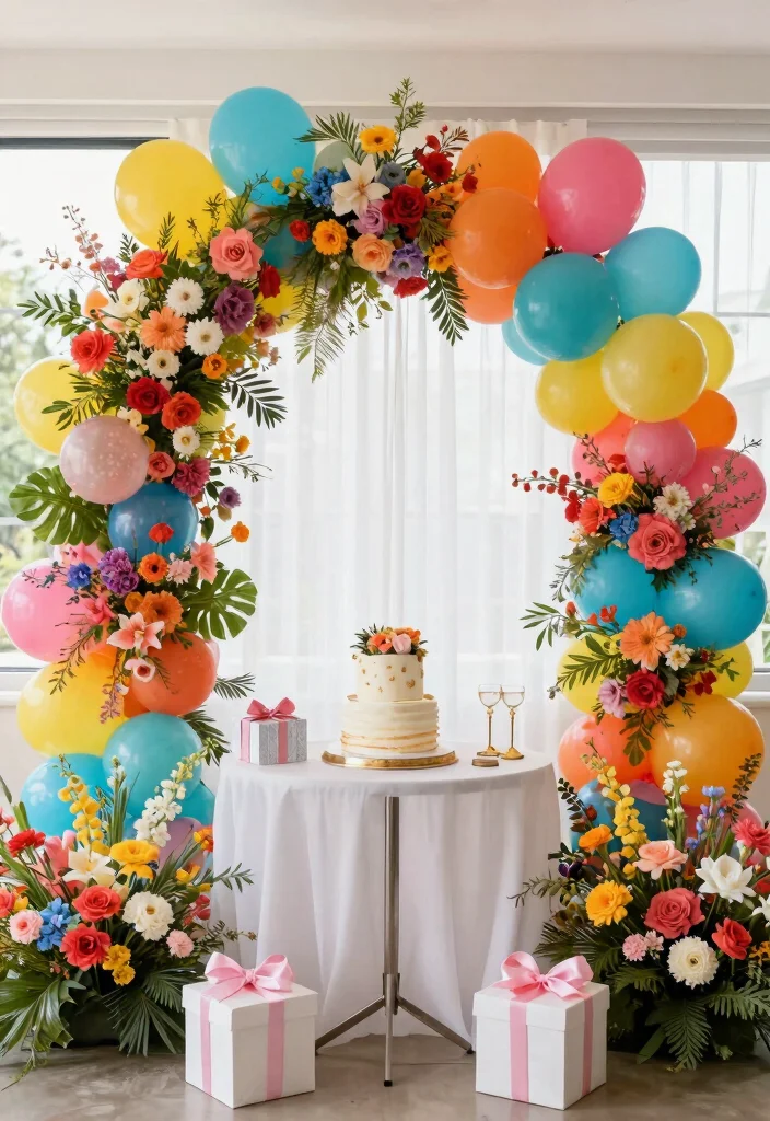 22 Colorful Baby Shower Centerpieces That Will Brighten Up Your Event (Wait for #10!) - 10. Floral Balloon Arch 1