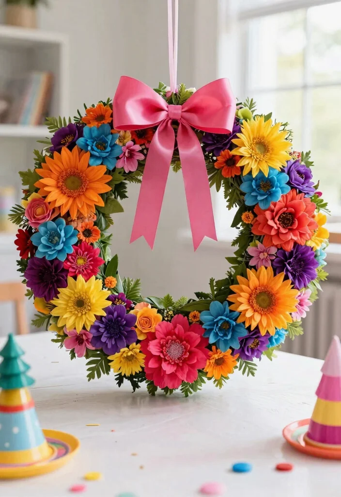 22 Colorful Baby Shower Centerpieces That Will Brighten Up Your Event (Wait for #10!) - 18. Colorful DIY Wreath 1