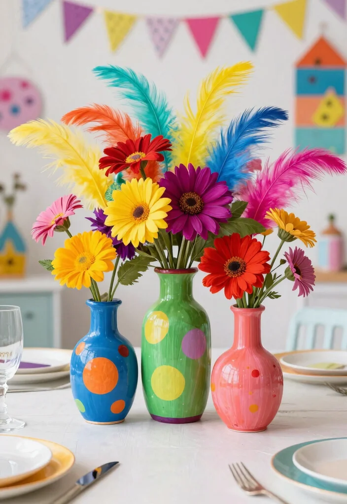 22 Colorful Baby Shower Centerpieces That Will Brighten Up Your Event (Wait for #10!) - 6. Artistic Painted Vases 1