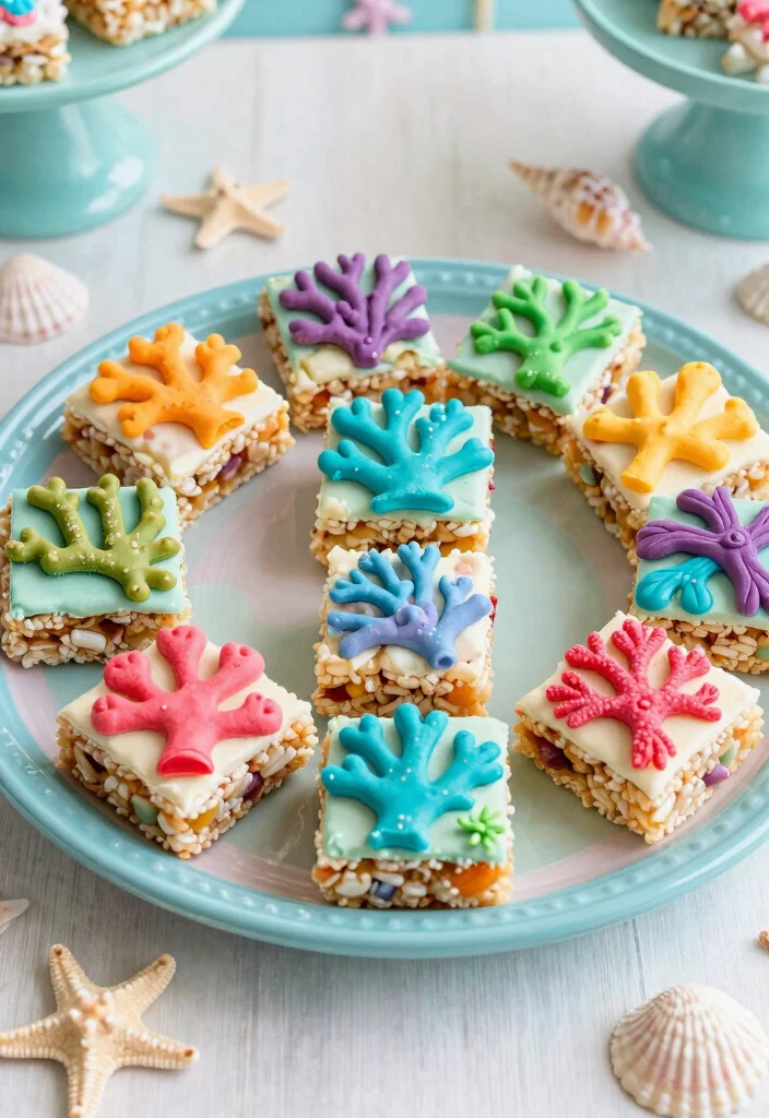 25 Festive Mermaid Party Food Ideas That Will Make Waves! 🧜‍♀️ - 15. Coral Reef Rice Krispie Treats 1