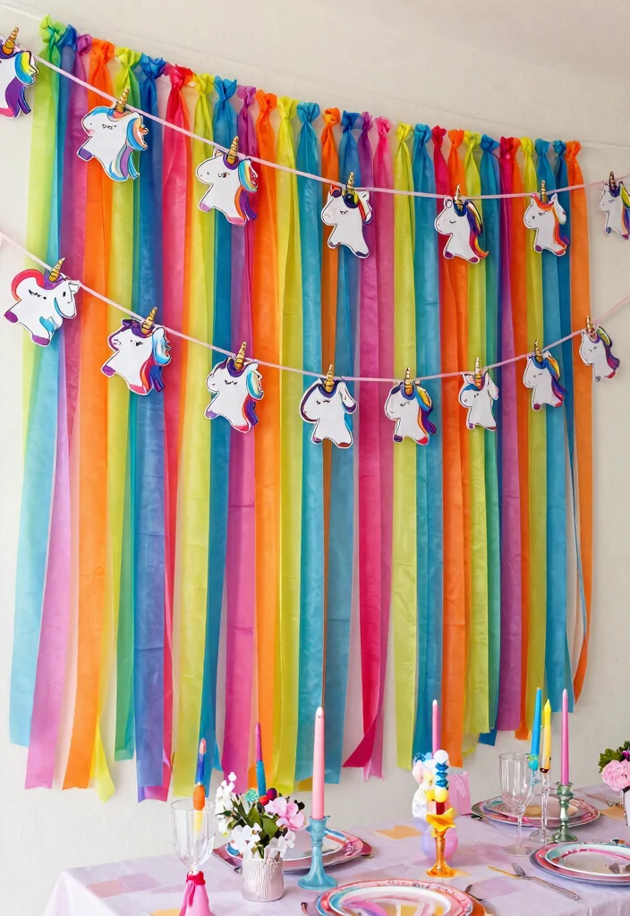 15 Whimsical Unicorn Birthday Party Decor Ideas That Will Leave You Spellbound! - 9. Rainbow Streamers and Garlands 1