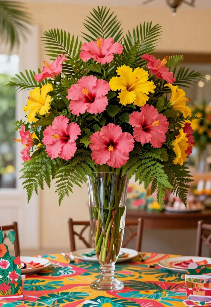 15 Gorgeous Hibiscus Flower Arrangements for a Birthday Party That Will Dazzle Everyone! - 1. Tropical Paradise Table Centerpiece 1