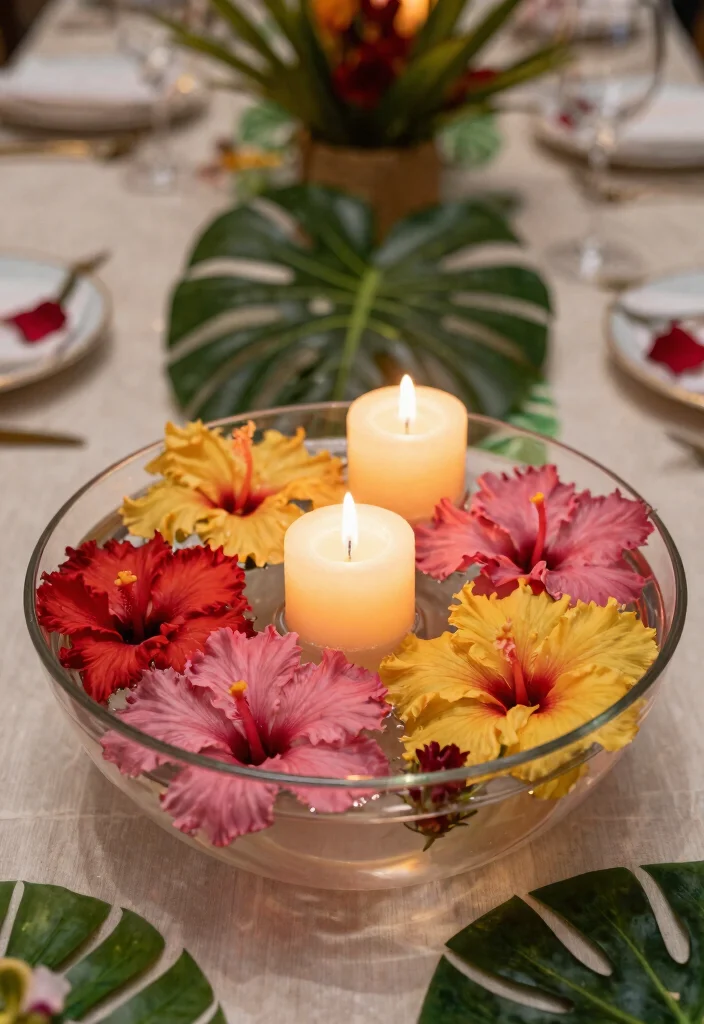 15 Gorgeous Hibiscus Flower Arrangements for a Birthday Party That Will Dazzle Everyone! - 11. Hibiscus Floating Candle Centerpiece 1