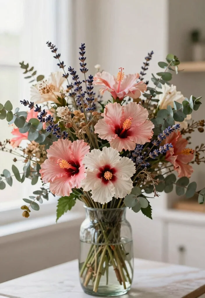 15 Gorgeous Hibiscus Flower Arrangements for a Birthday Party That Will Dazzle Everyone! - 12. Hibiscus and Dried Flowers Arrangement 1