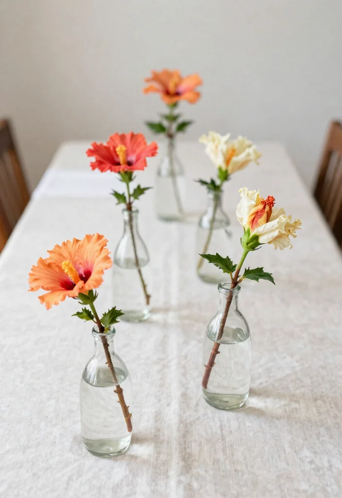 15 Gorgeous Hibiscus Flower Arrangements for a Birthday Party That Will Dazzle Everyone! - 13. Hibiscus Bud Vases 1
