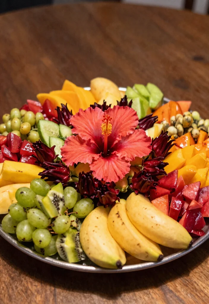 15 Gorgeous Hibiscus Flower Arrangements for a Birthday Party That Will Dazzle Everyone! - 15. Hibiscus and Tropical Fruit Display 1