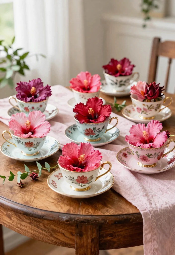 15 Gorgeous Hibiscus Flower Arrangements for a Birthday Party That Will Dazzle Everyone! - 4. Hibiscus in Vintage Teacups 1