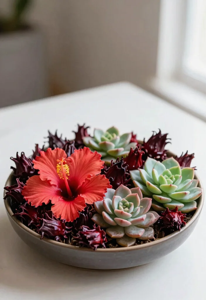 15 Gorgeous Hibiscus Flower Arrangements for a Birthday Party That Will Dazzle Everyone! - 5. Hibiscus and Succulent Combo 1