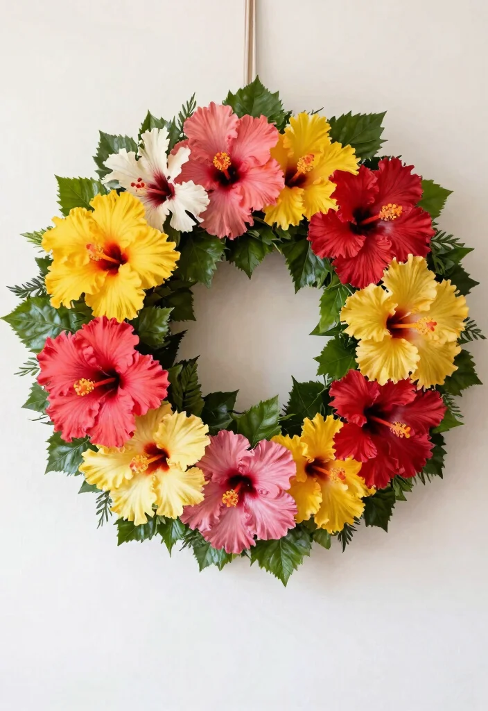 15 Gorgeous Hibiscus Flower Arrangements for a Birthday Party That Will Dazzle Everyone! - 8. Hibiscus Wreath for Wall Decor 1